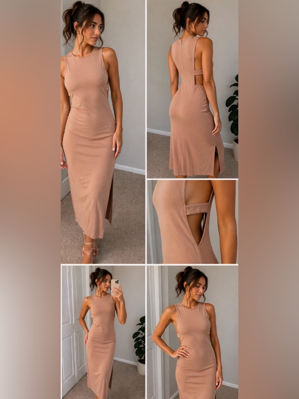 ✨ NBD Taupe Side Cut-Out Midi Dress | Sleek Minimal Chic ✨ Large